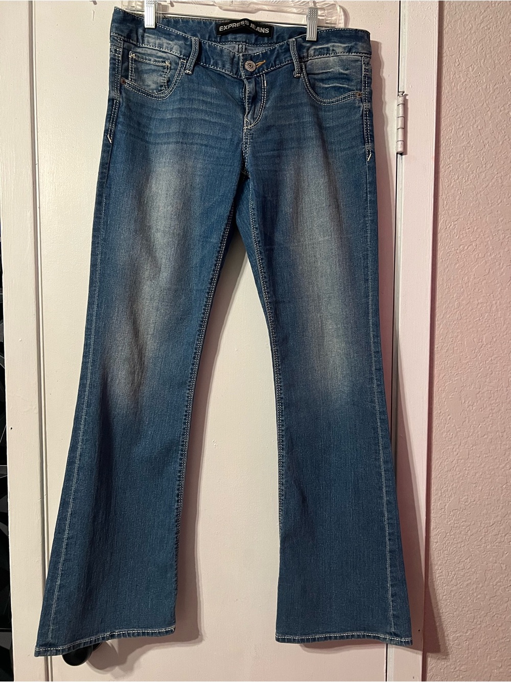 Express Boot Stella Low Rise Jeans in Medium Blue Wash